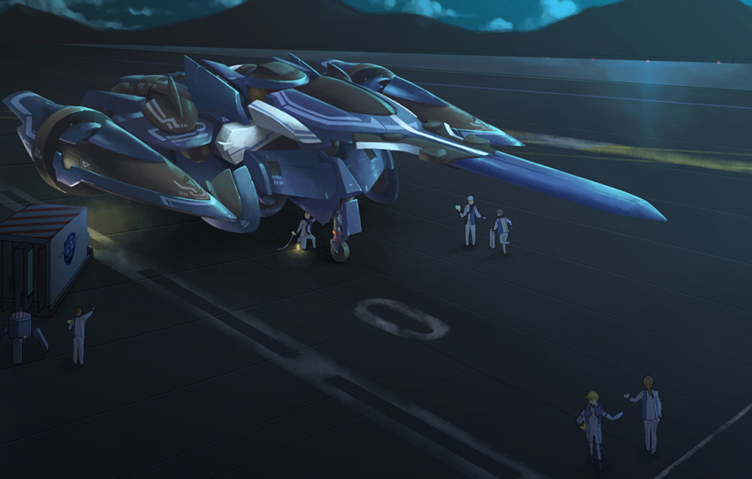 6+boys, airplane, beam_rifle, billy_katagiri, blonde_hair, brave, brave_commander_test_type, brown_hair