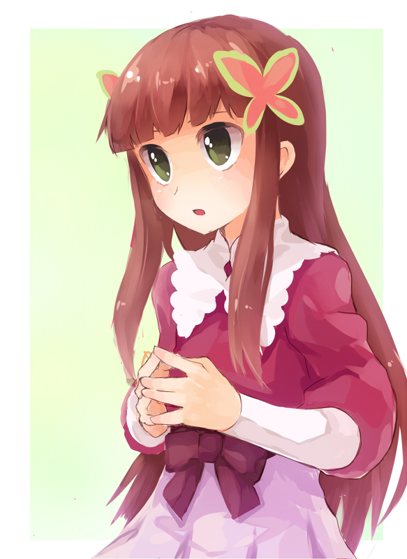 1girl, agsen, blush, brown_hair, butterfly_hair_ornament, green_eyes, hair_ornament, iris_(rockman_exe)