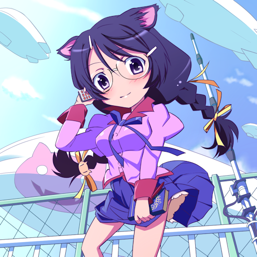 1girl, animal_ears, braid, cat_ears, glasses, hanekawa_tsubasa, monogatari_(series), purple_hair, school_uniform, solo, twin_braids, violet_eyes, yuu_yuu_(netaeshi58)