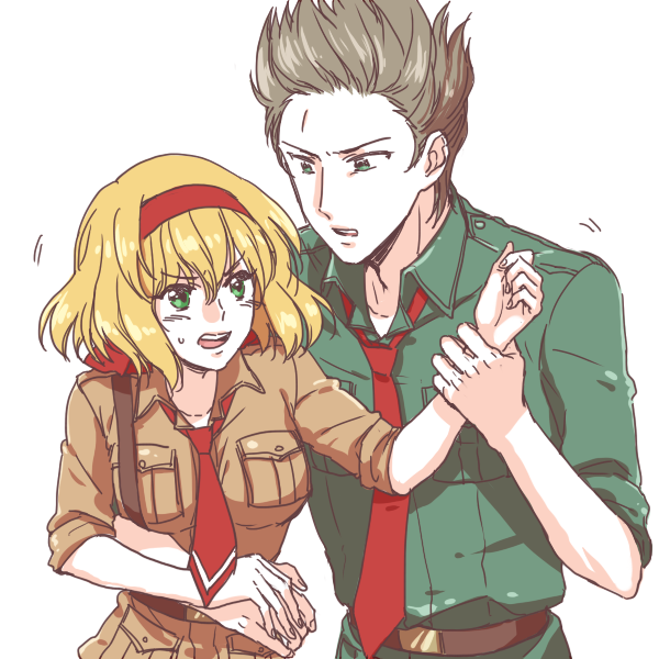 bad_id, belgium_(hetalia), belt, blonde_hair, brother_and_sister, brown_hair, green_eyes, hair_ribbon