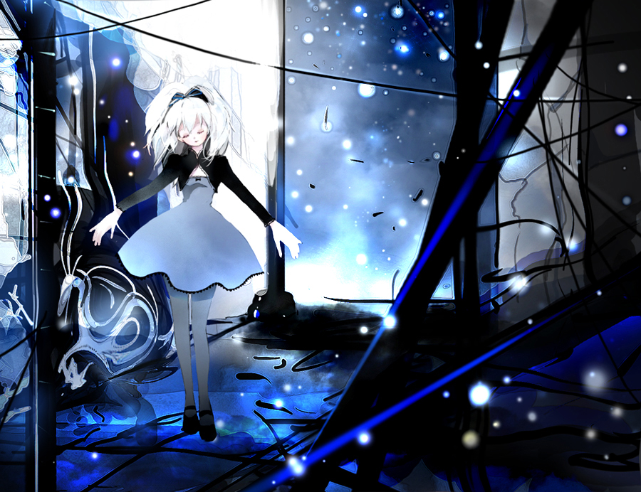 darker_than_black, dress, holiday_(pixiv), pantyhose, white_hair, yin