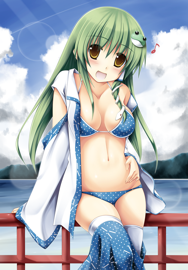 1girl, arm_support, bare_shoulders, bikini, blush, brown_eyes, cloudy_sky, detached_sleeves