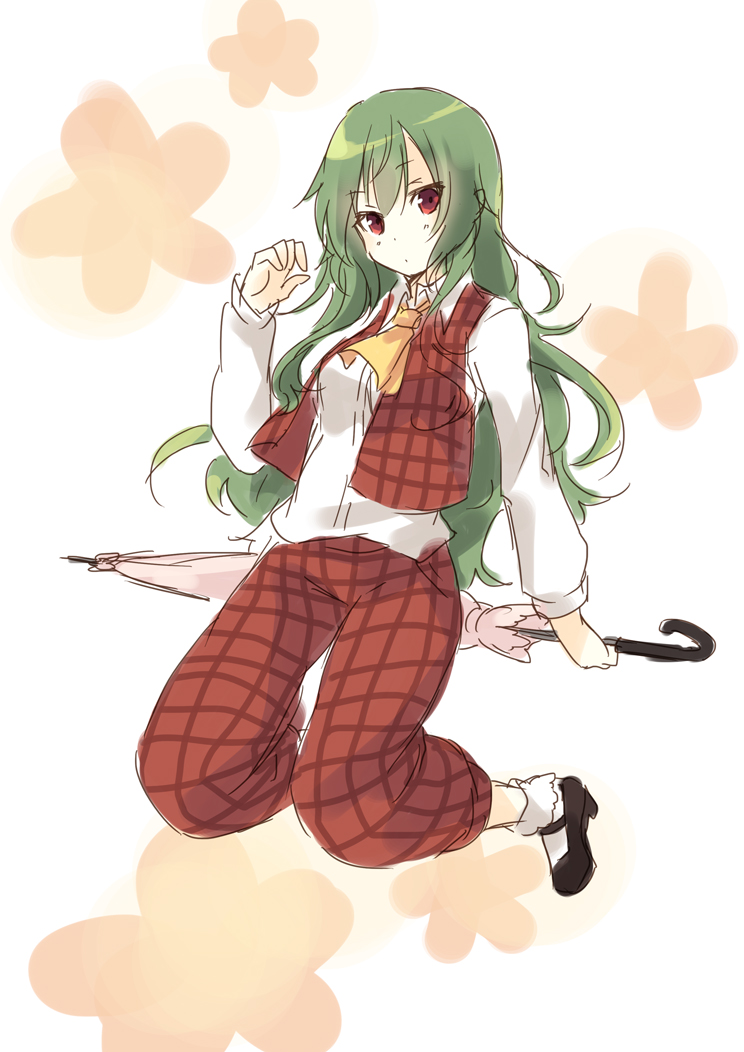 1girl, alternate_hair_length, alternate_hairstyle, green_hair, kazami_yuuka, long_hair, looking_at_viewer, red_eyes, simple_background, solo, toosaka_asagi, touhou, umbrella, very_long_hair, white_background