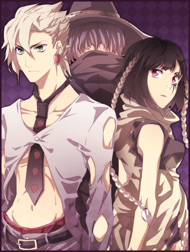1girl, 2boys, black_hair, braid, cannolo_murolo, facial_mark, green_eyes, hat, hymg-gmyh, jojo_no_kimyou_na_bouken, multiple_boys, necktie, pannacotta_fugo, sheila_e, violet_eyes, white_hair