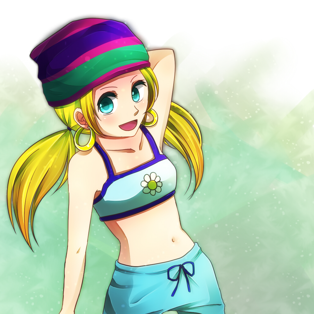 1girl, blonde_hair, blue_eyes, crop_top, donkey_kong_(series), earrings, hat, hoop_earrings, jewelry, long_hair, midriff, personification, solo, tiny_kong, twintails