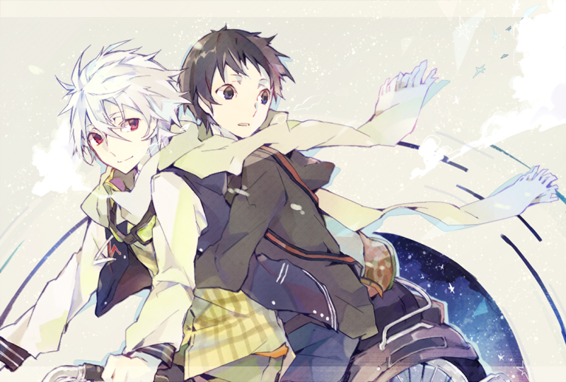 2boys, alternate_costume, blue_eyes, brown_hair, casual, hoodie, ikari_shinji, motor_vehicle