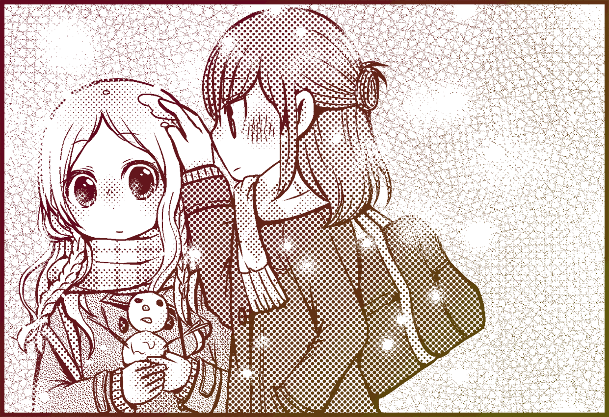 2girls, blush, braid, hand_on_another's_head, long_hair, monochrome, multiple_girls, scarf