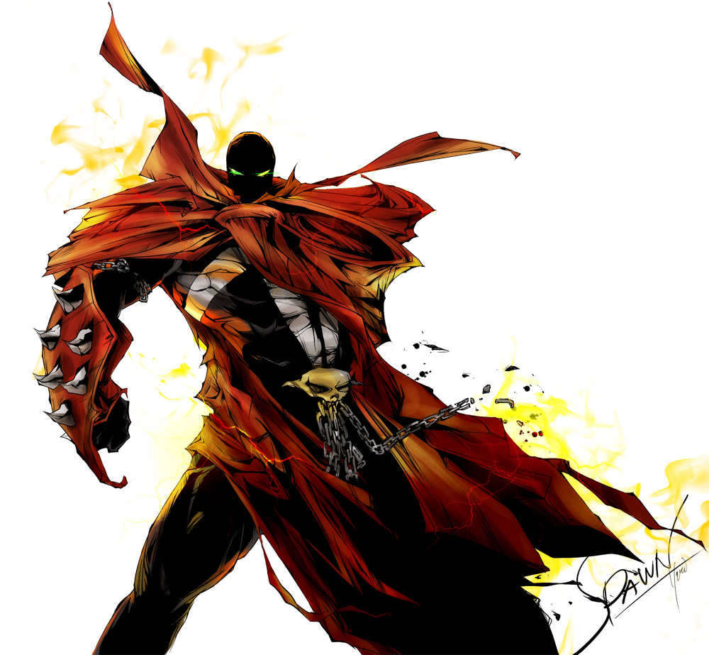 1boy, cape, chain, character_name, gauntlets, glowing, glowing_eyes, green_eyes