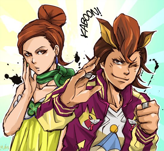 1boy, 1girl, brown_eyes, brown_hair, earrings, gyakuten_saiban, hair_bun, hand_on_own_cheek