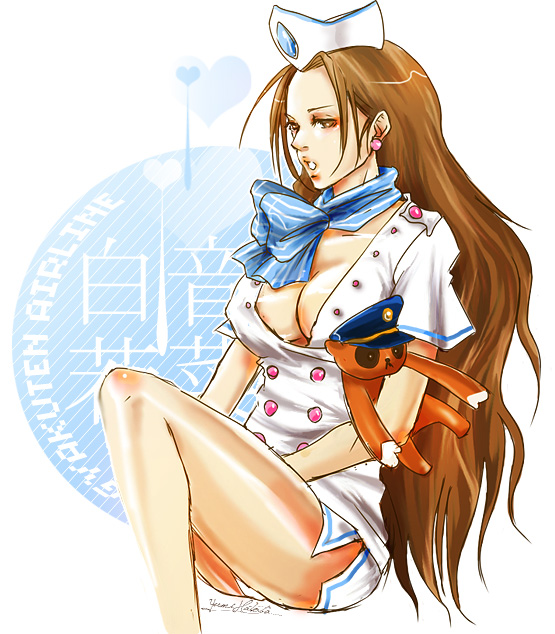 1girl, breasts, brown_eyes, brown_hair, cleavage, earrings, flight_attendant, gyakuten_saiban