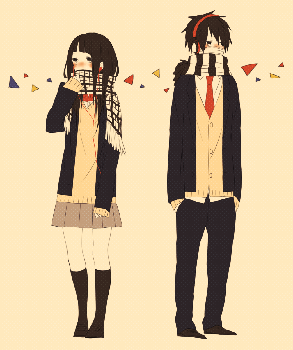 1boy, 1girl, black_hair, blush, couple, earphones, headphones, necktie