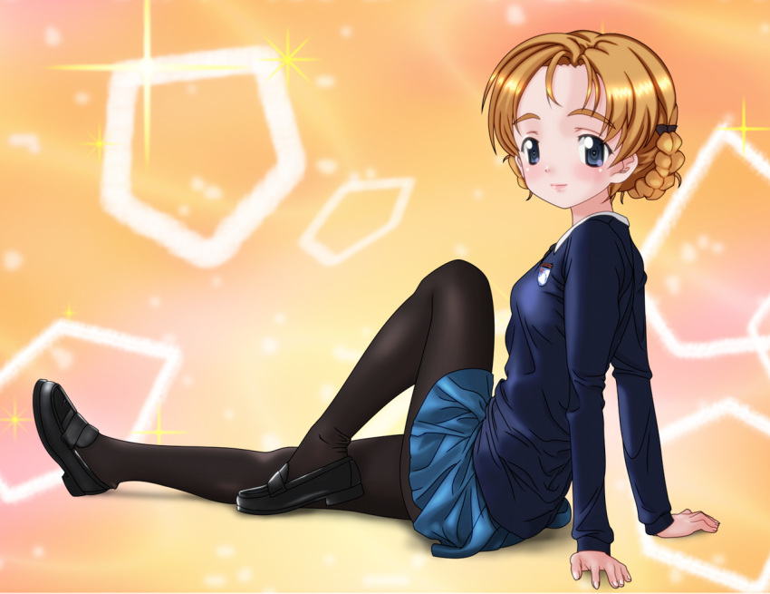 1girl, black_legwear, blonde_hair, blue_eyes, blush, braid, girls_und_panzer, hair_ornament