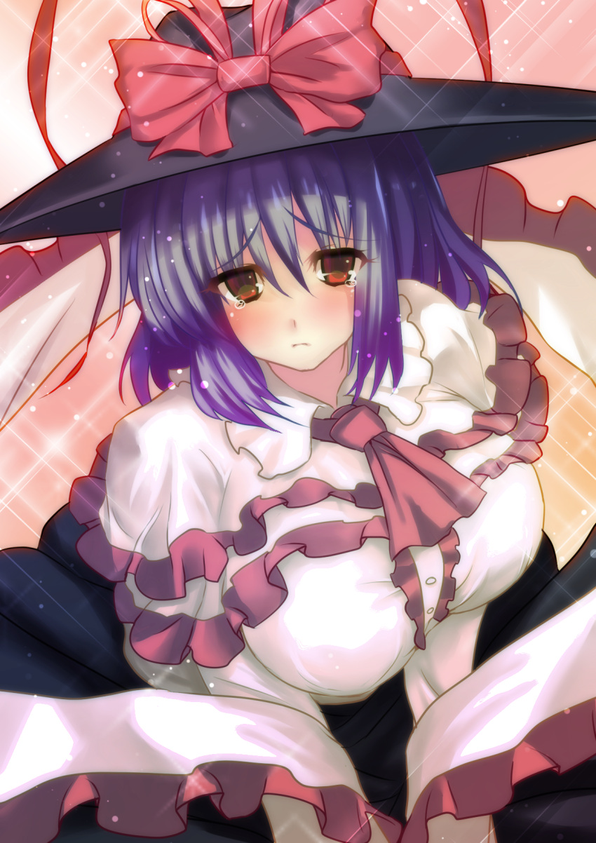1girl, blush, breasts, capelet, hat, hat_ribbon, nagae_iku, purple_hair