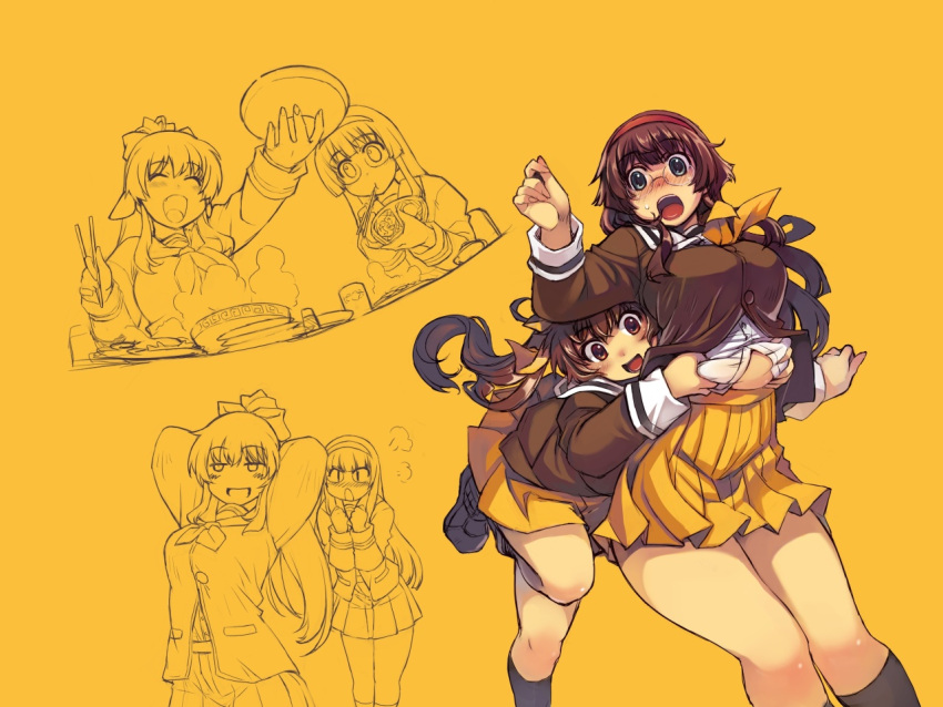2girls, arms_up, belly, belly_grab, blue_eyes, blush, bow, bowl, breast_envy, breasts, brown_eyes, brown_hair, eating, food, hair_bow, large_breasts, long_hair, mitsurugi_ryouko, multiple_girls, noodles, open_mouth, plump, ponytail, real_bout_high_school, school_uniform, skirt, socks, thick_thighs, thighs, xration, yuuki_hitomi