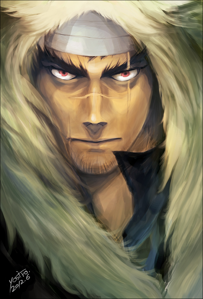 1boy, black_hair, facial_hair, fur, harabal, red_eyes, scar, shut_hell