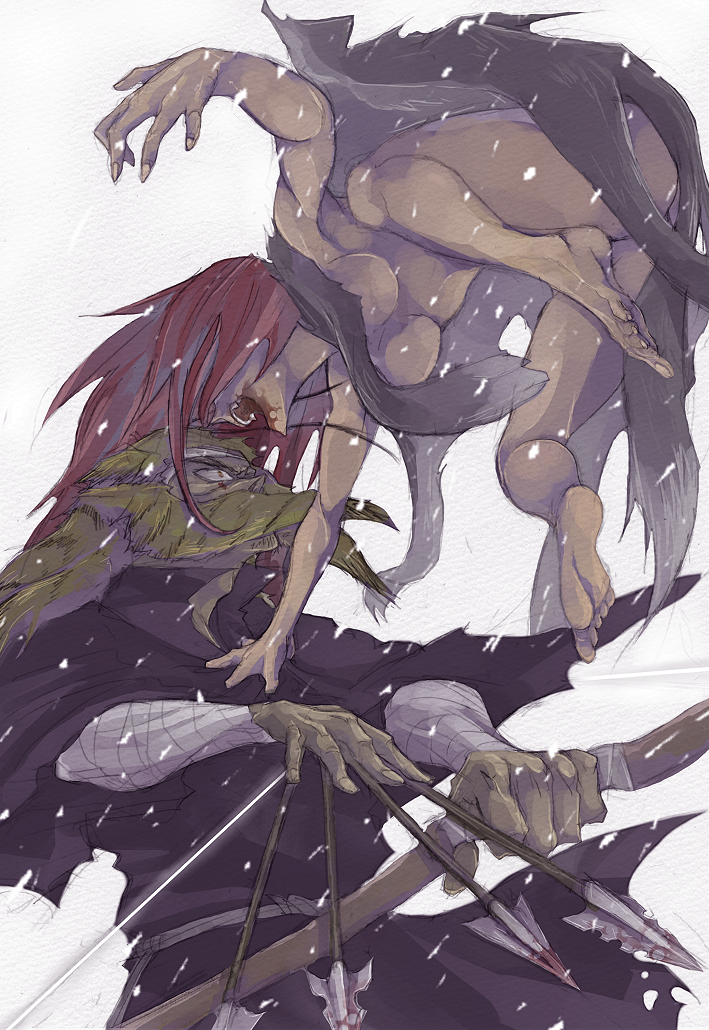 1boy, 1girl, arrow, bow_(weapon), breasts, fighting, fur, harabal, jinta, long_hair, red_eyes, redhead, scar, shut_hell, shut_hell_(character), snow, weapon