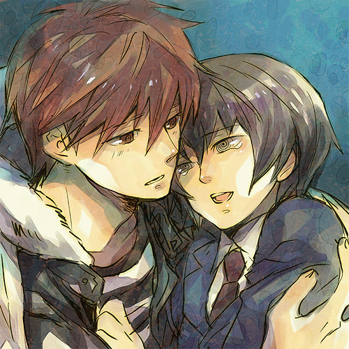 1boy, 1girl, al_bhed_eyes, black_hair, redhead, satoo, school_uniform, short_hair