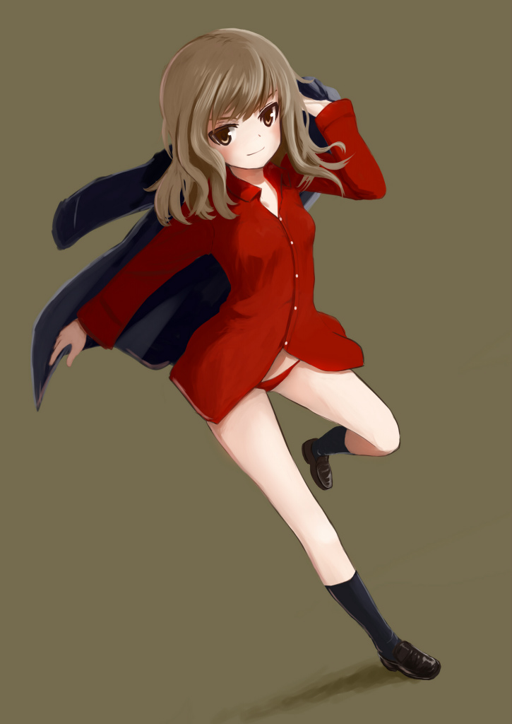 1girl, aksman, black_legwear, blush, brown_eyes, brown_hair, dress_shirt, fernandia_malvezzi
