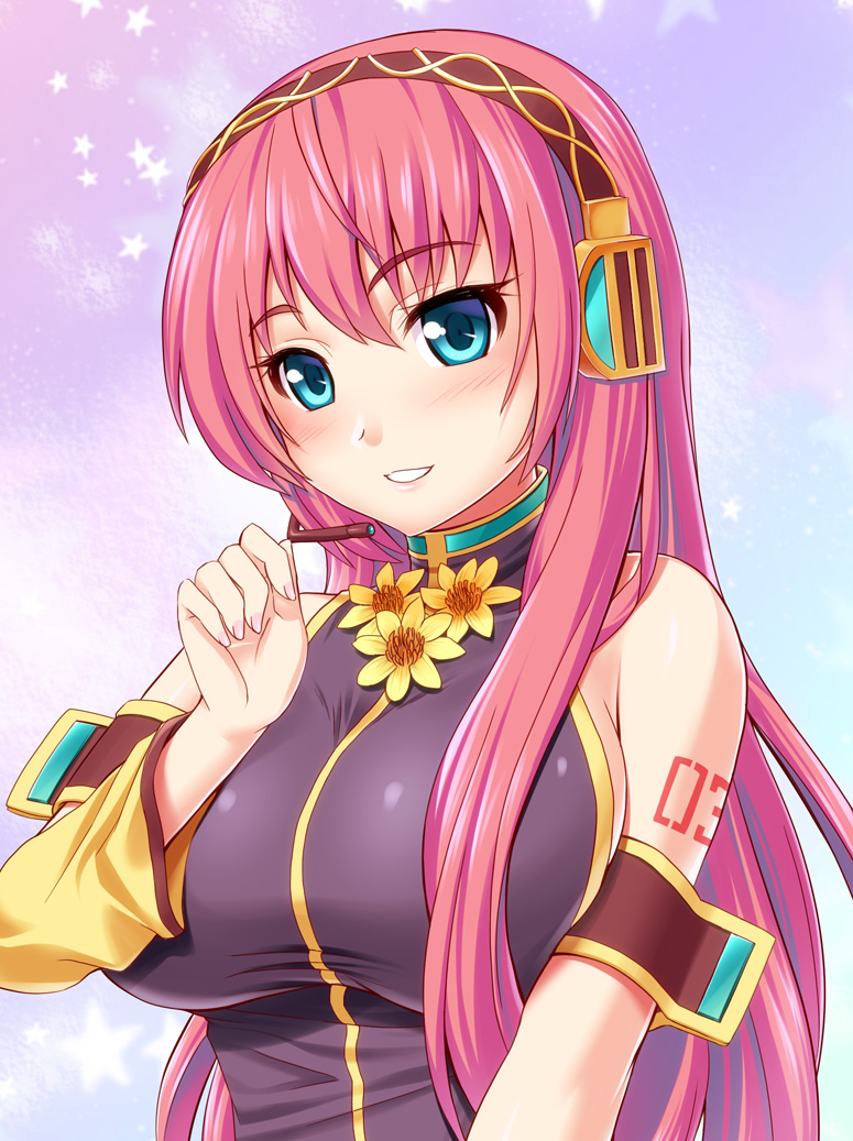 1girl, bare_shoulders, blue_eyes, blush, breasts, detached_sleeves, flower, headphones