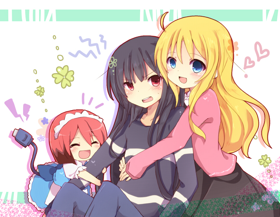 1boy, 1girl, 3535carrot, ahoge, akasaka_ryuunosuke, blonde_hair, blue_eyes, blue_hair