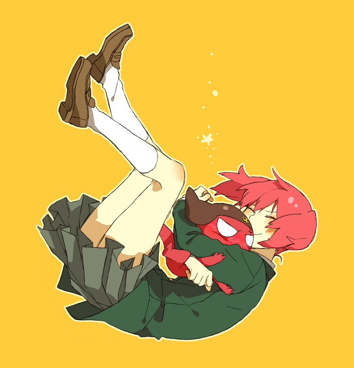1boy, 1girl, blush, falling, giroro, hat, higashi_eria, hinata_natsumi, hug, keroro_gunsou, kneehighs, redhead, scar, school_uniform, twintails