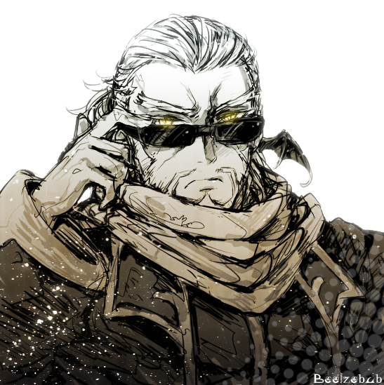 1boy, adjusting_sunglasses, bat_wings, beard, bel_(dokidoki!_precure), coat, dokidoki!_precure, expressionless, facial_hair, head_wings, male, masafumi, monochrome, precure, rough, scarf, solo, spot_color, sunglasses, white_background, wings, yellow_eyes