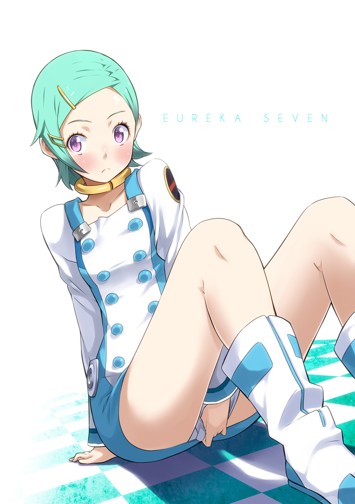 1girl, blue_hair, covering, covering_crotch, dress, dress_tug, eureka, eureka_seven
