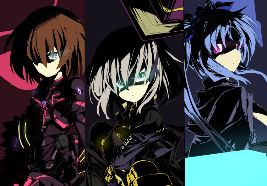 3girls, armor, blue_eyes, blue_hair, brown_hair, bygddd5, cape, crossed_arms