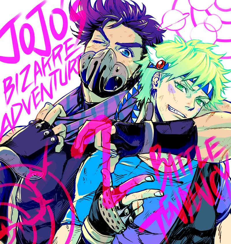 2boys, blonde_hair, blue_eyes, caesar_anthonio_zeppeli, facial_mark, fingerless_gloves, gloves, green_eyes, jojo_no_kimyou_na_bouken, joseph_joestar_(young), mask, multiple_boys, purple_hair, saitooo, scarf, title_drop, wink