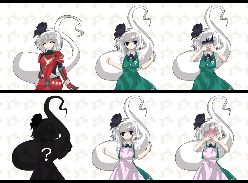 1girl, alphes_(style), apron, armor, blue_eyes, blush, bow, closed_eyes, embarrassed, felyne, hair_bow, hairband, hand_to_mouth, highres, kaoru_(gensou_yuugen-an), konpaku_youmu, konpaku_youmu_(ghost), looking_at_viewer, monster_hunter, monster_hunter_portable_3rd, no_eyes, parody, pose, rangurotora_(armor), shirt, short_hair, short_sleeves, silhouette, skirt, skirt_set, smile, style_parody, sweatdrop, touhou, white_hair