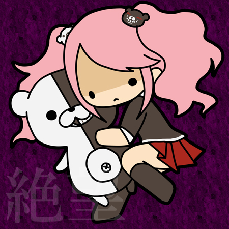1girl, :<, dangan_ronpa, enoshima_junko, hair_ornament, kashiwa_kiseri, monokuma, pink_hair