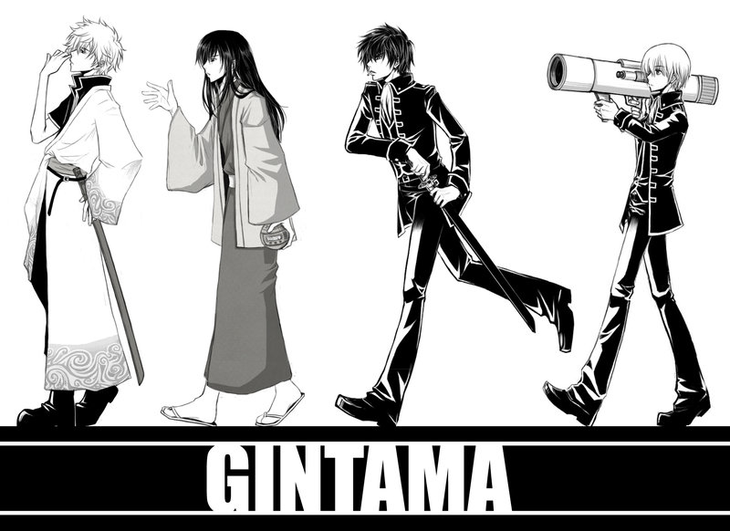 gintama, hijikata_toshiro, hijikata_toushirou, katsura_kotarou, kotarou_katsura, monochrome, okita_sougo, sakata_gintoki