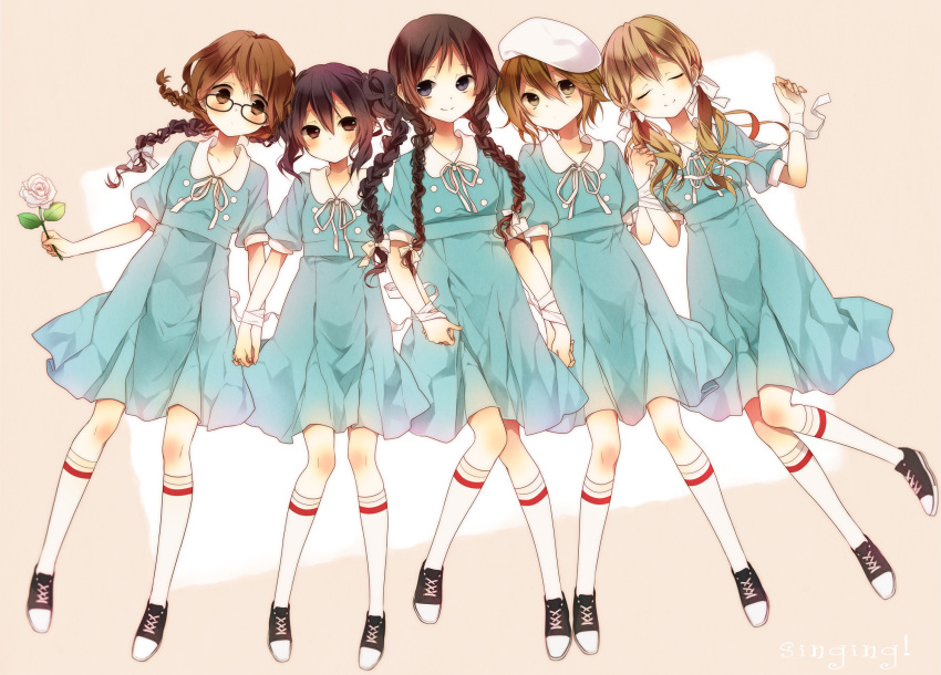 5girls, akiyama_mio, alternate_hairstyle, bandages, beret, bespectacled, black_eyes, black_hair