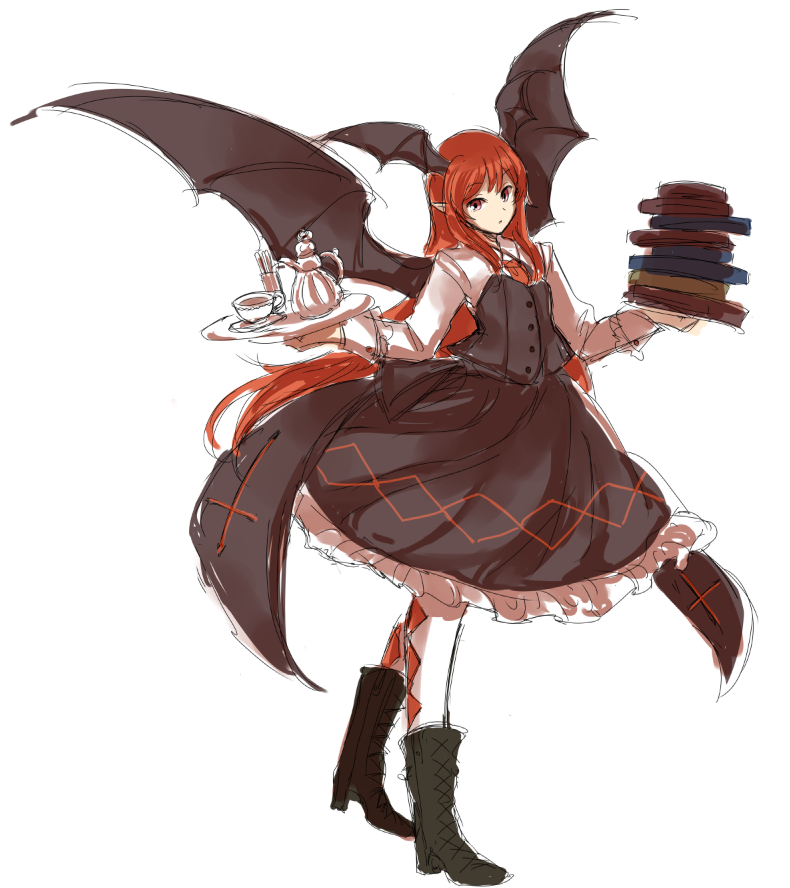 1girl, argyle, argyle_legwear, book, book_stack, boots, cup, dress