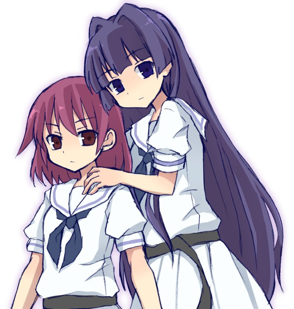 2girls, blue_hair, hirose_sumire, kuromu_(cr0711), long_hair, miyanaga_teru, multiple_girls, redhead