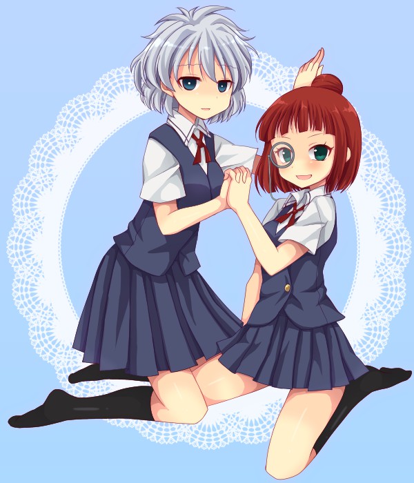 2girls, blue_eyes, blush, green_eyes, hair_bun, holding_hands, kneeling, kosegawa_shiromi