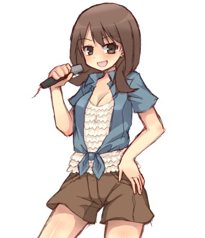 1girl, blush, brown_hair, casual, fukuyo_kouko, hand_on_hip, kuromu_(cr0711), long_hair