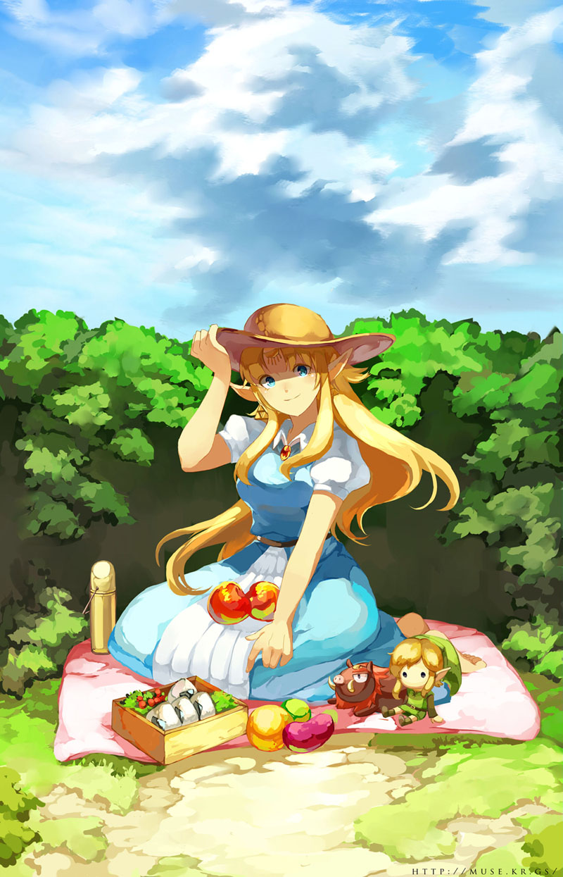 a_link_to_the_past, barefoot, blonde_hair, blue_eyes, canteen, cloud, clouds, doll, food, fruit, ganondorf, hat, highres, link, long_hair, muse_(rainforest), onigiri, plushy, pointy_ears, princess_zelda, smile, sun_hat, the_legend_of_zelda