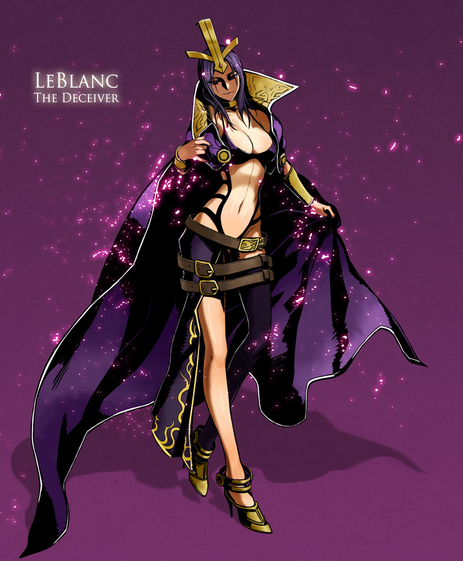 1girl, belt, breasts, cape, character_name, cleavage, emilia_leblanc, facial_mark, forehead_jewel, high_heels, league_of_legends, lezinz, long_hair, mound_of_venus, navel, popped_collar, purple_hair, shoes, solo, tiara, vambraces