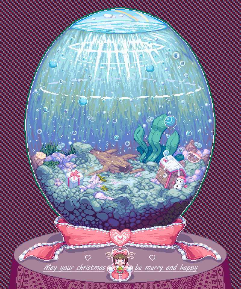 1girl, bow, box, brown_hair, bubble, christmas, clam, detached_sleeves