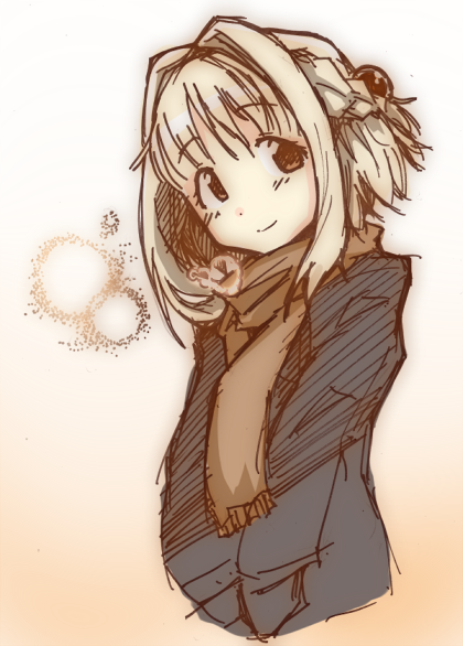 blonde_hair, breath, brown_eyes, bust, coat, do_(taka), hair_intakes, half_updo
