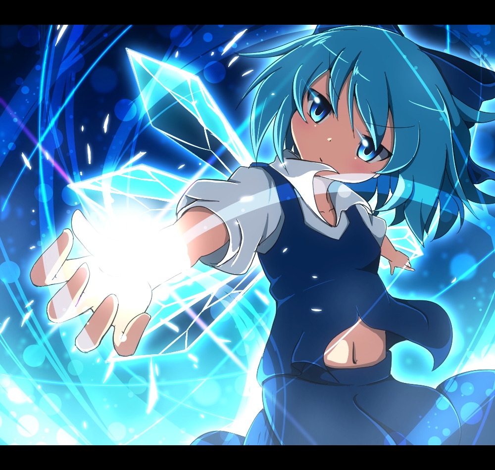 1girl, blue_hair, bow, cirno, do_(4-rt), glowing, glowing_hand, hair_bow