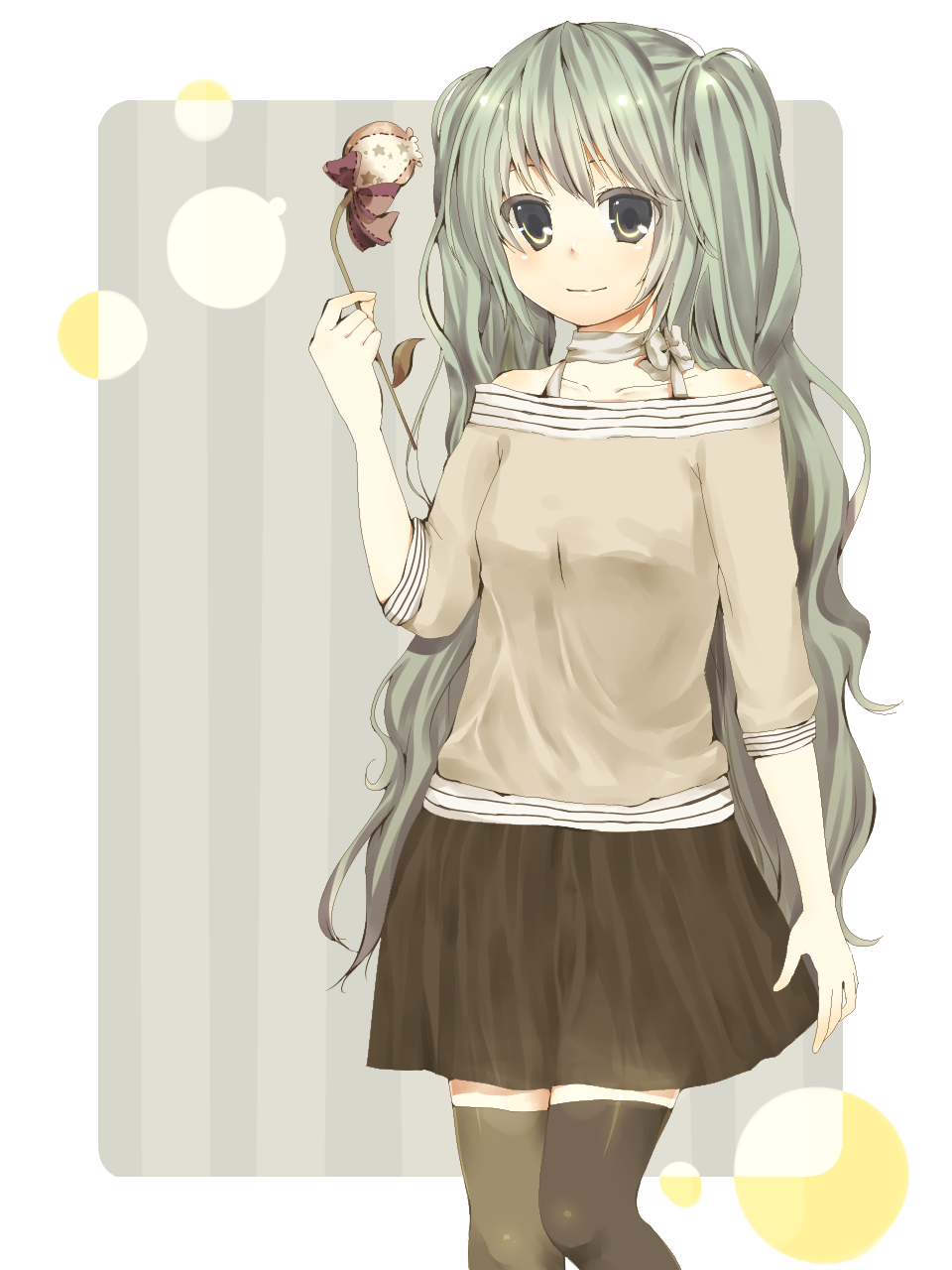 1girl, green_eyes, green_hair, hatsune_miku, long_hair, skirt, solo, striped