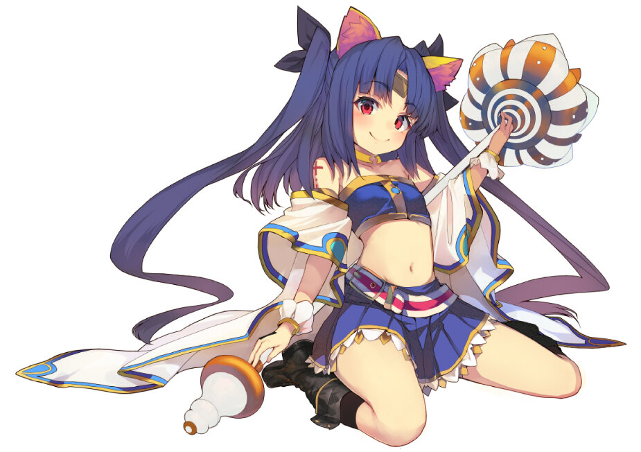 animal_ears, blue_hair, boots, gradient_hair, long_hair, multicolored_hair, navel, original, red_eyes, shirabi_(life-is-free), sitting, skirts, smile, staff, twintails, wariza