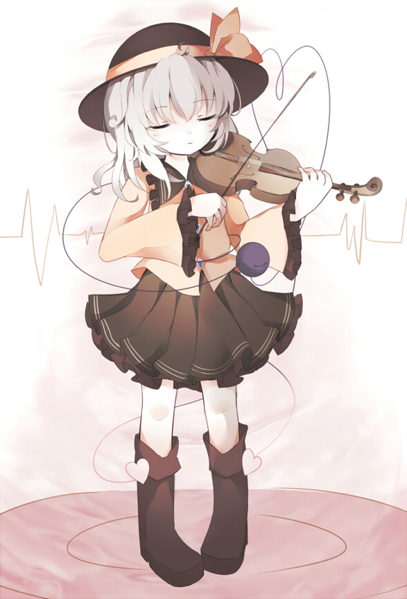 1girl, closed_eyes, hat, hat_ribbon, instrument, komeiji_koishi, nekokyu, ribbon, short_hair, silver_hair, skirt, solo, standing, third_eye, touhou, violin