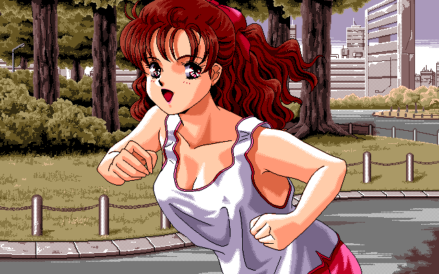 1girl, 90s, breasts, building, cleavage, dithering, game_cg, lipstick