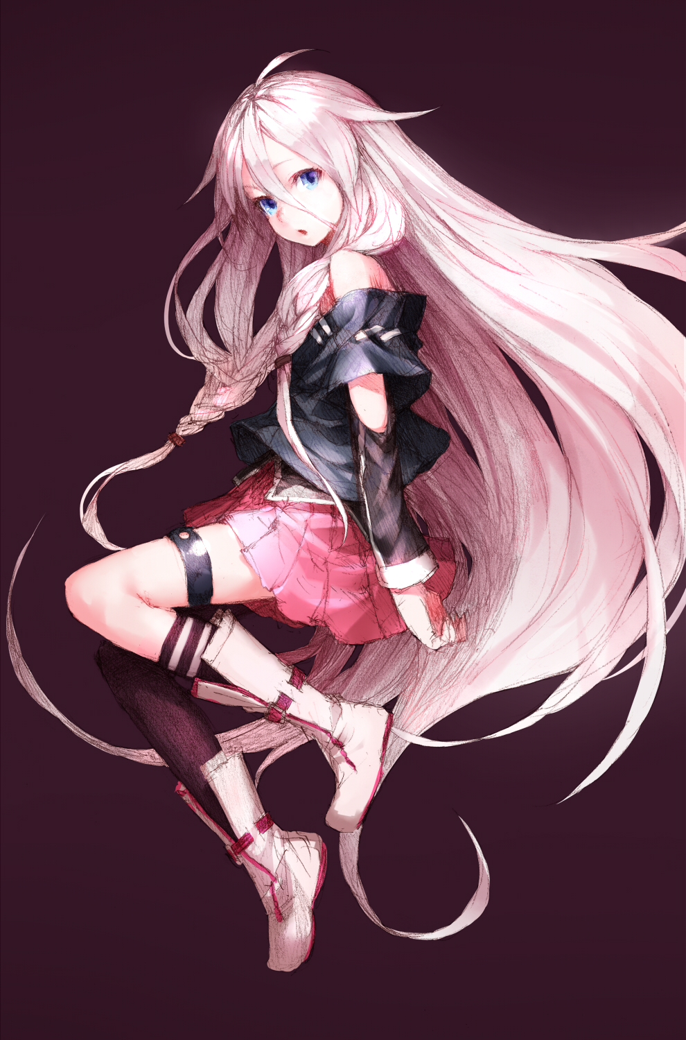 1girl, :o, ahoge, blue_eyes, boots, braid, highres, ia_(vocaloid), long_hair, looking_at_viewer, off_shoulder, pink_hair, sigure_(drizzle), single_thighhigh, skirt, solo, thigh-highs, thigh_strap, very_long_hair, vocaloid