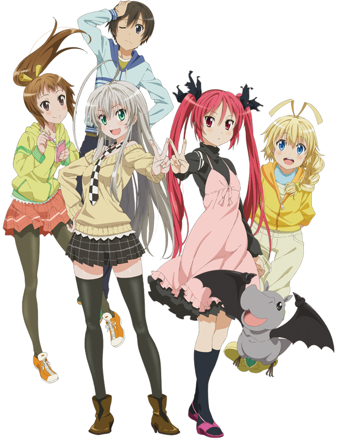 2boys, 4girls, :d, ahoge, ankle_boots, black_eyes, blonde_hair, blue_eyes