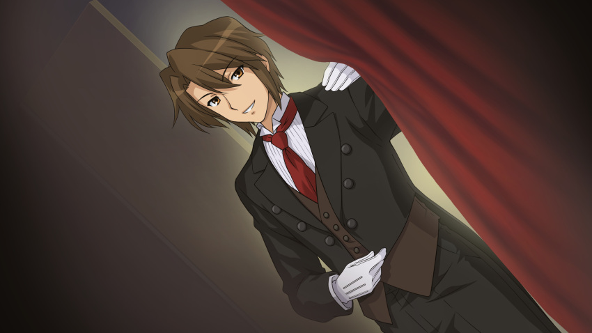 1boy, alternate_costume, brown_eyes, brown_hair, butler, buttons, curtains, dress_shirt