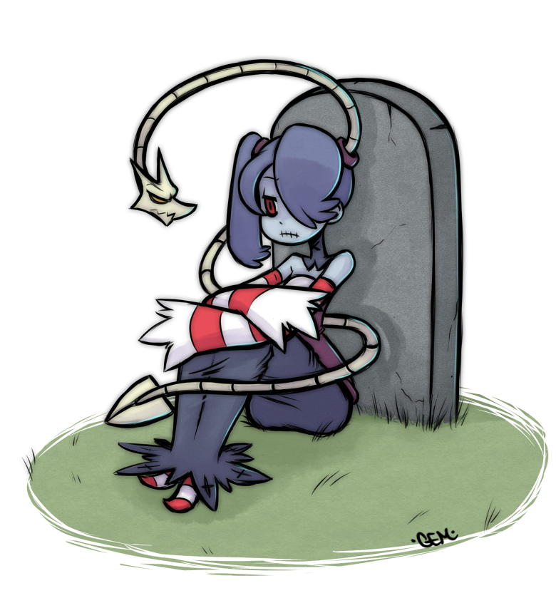 1girl, bare_shoulders, blue_hair, blue_skin, detached_sleeves, gem_(antiskullheart08), graveyard, leg_hug, leviathan_(skullgirls), long_hair, long_skirt, red_eyes, side_ponytail, skirt, solo, squigly_(skullgirls), stitched_mouth, striped_sleeves, zombie